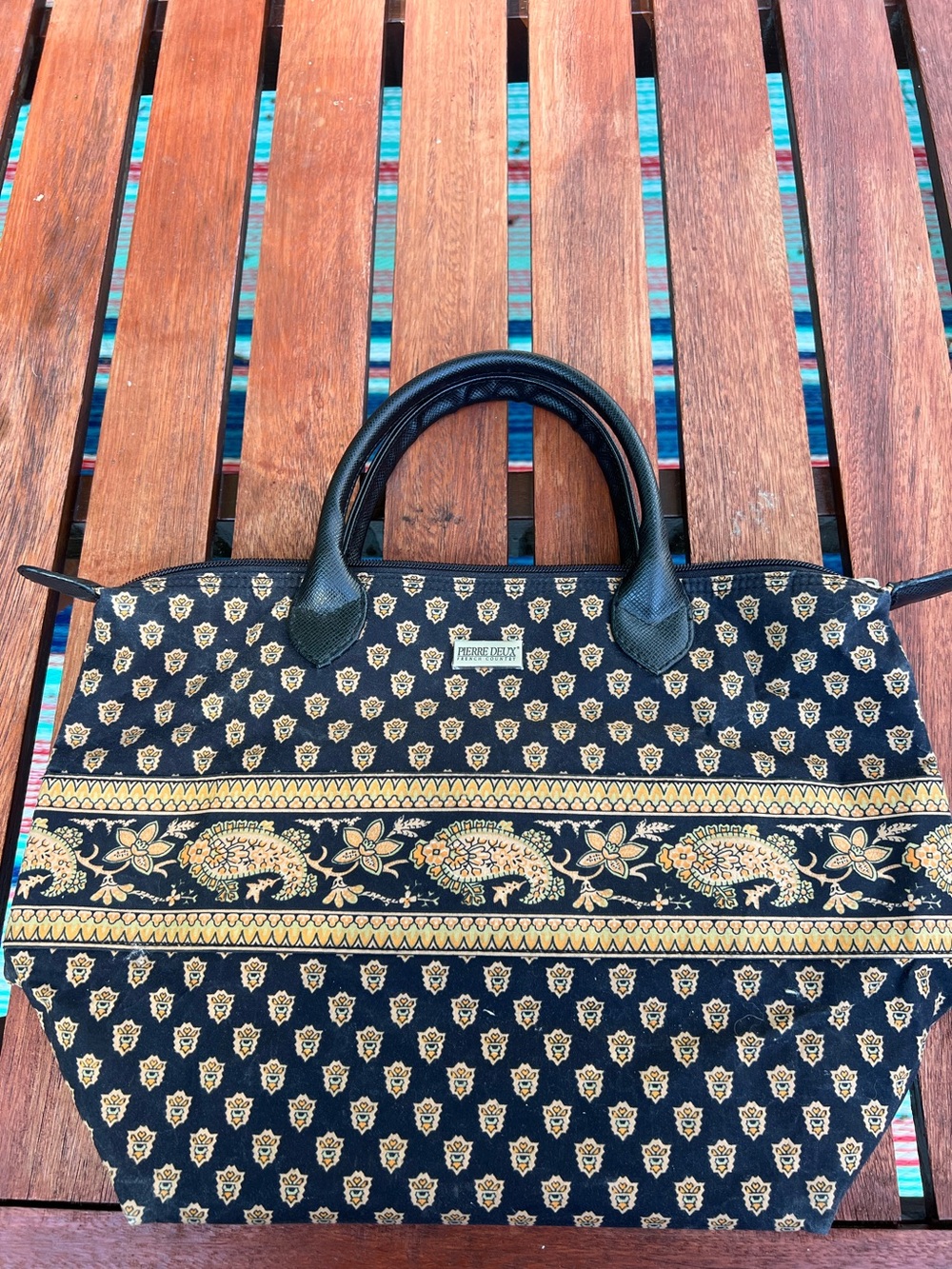 VTG Pierre Deux large tote black paisley print double handles inside pockets